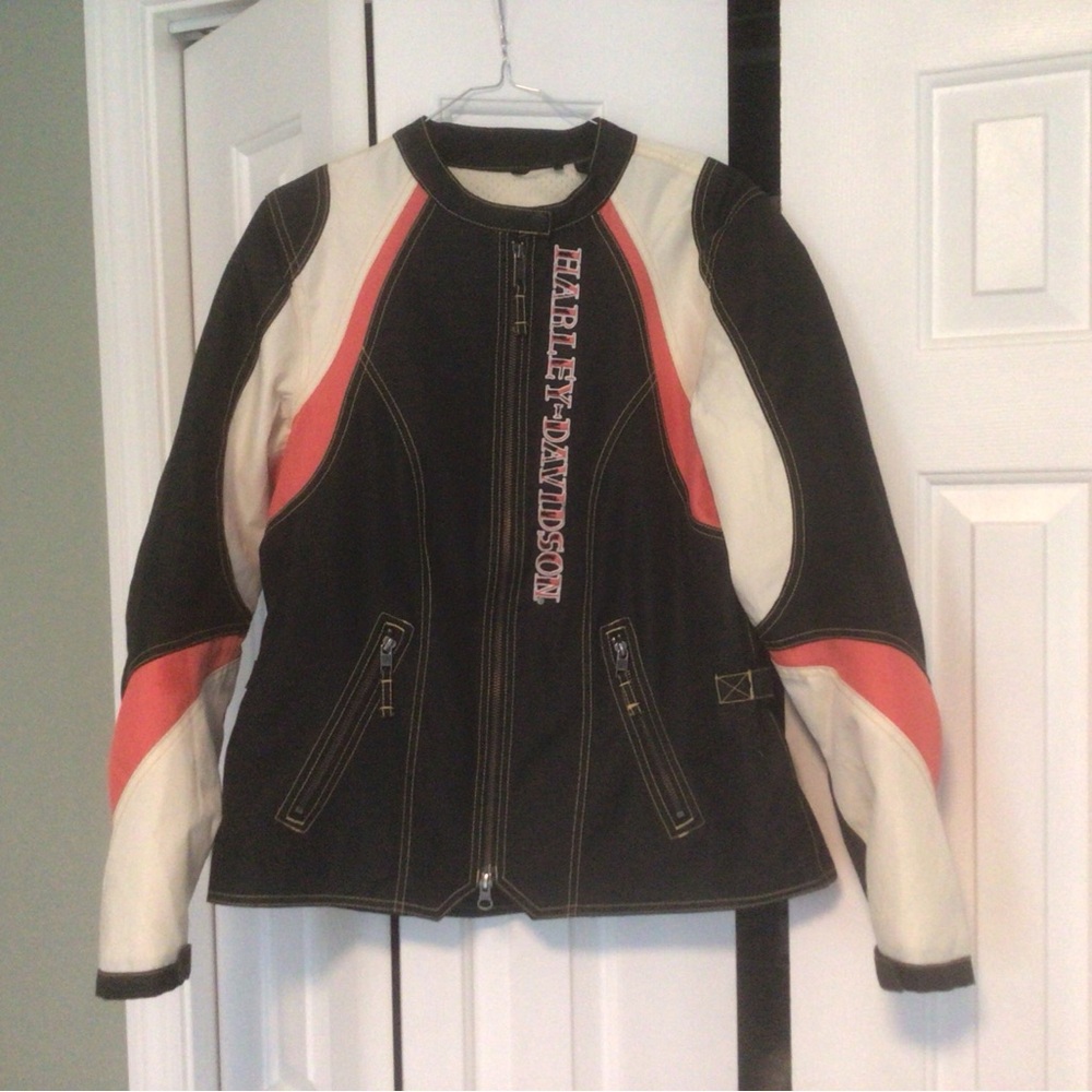 Harley-Davidson Women’s Black and Cream Biker Motorcycle Riding Jacket Preowned